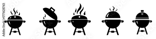 set of five vector graphics showing different styles of barbecue grills in black silhouette