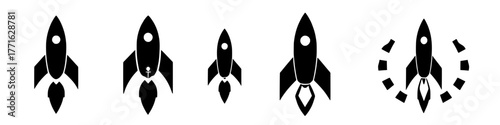 diverse collection of black and white rocket ship icons in various designs and sizes