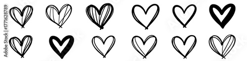 a collection of hand-drawn hearts in various styles in black colors on a transparent background