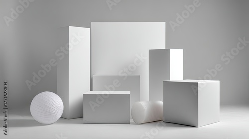 Minimalist composition of various geometric shapes in white color against a soft gray background ideal for modern design, art, or product display concepts