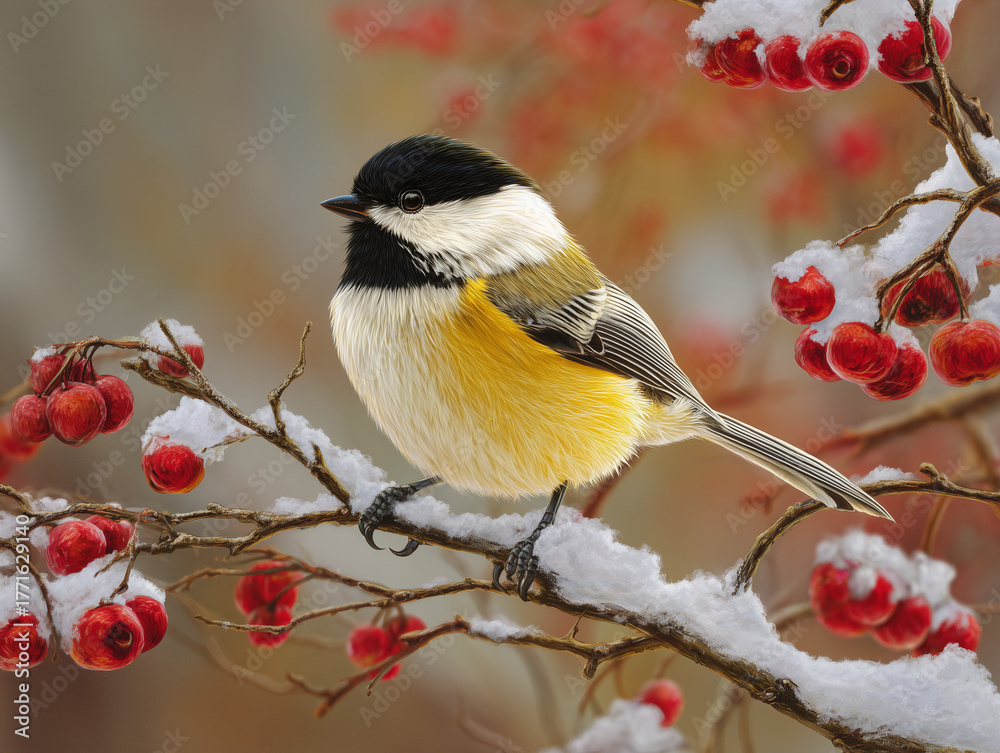Obraz premium Beautiful bird perched on a snow-covered branch with red berries, high-resolution professional photo, award-winning winter wildlife scene.