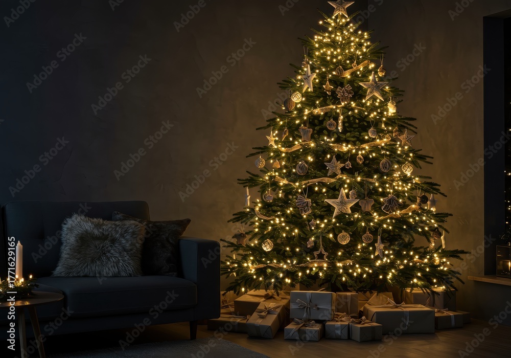 Fototapeta premium Illuminated evergreen centerpiece dominates a warmly lit interior space during nighttime hours