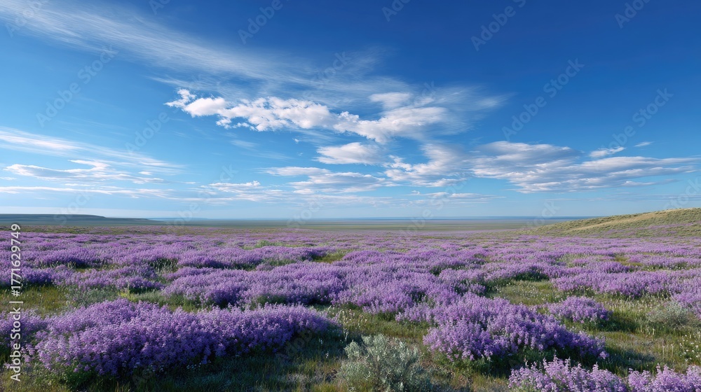 Naklejka premium Expansive Lavender Fields Under Blue Sky with Fluffy Clouds in a Serene Landscape of Nature’s Beauty and Tranquility