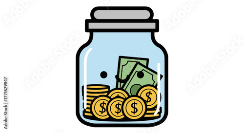 Illustration of a glass jar filled with money, coins, and paper bills, emphasizing savings and financial growth.