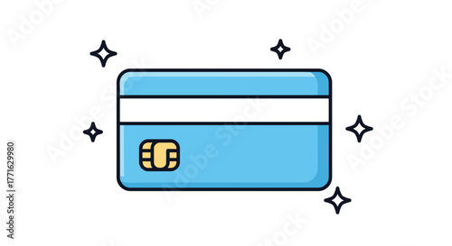 A simplistic, stylized illustration of a blue credit or debit card with magnetic stripe and chip on a transparent background.