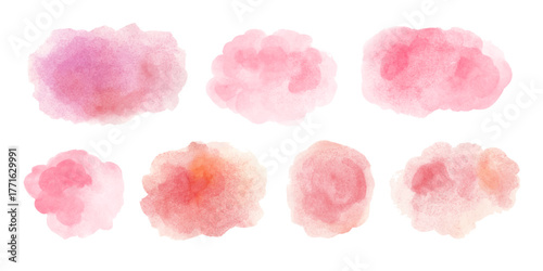 Pink watercolor abstract background, form, design element. Colorful hand painted texture, wash. Abstract clouds, blots. Frame, place for text. Soft pink noisy, grainy gradient. 
