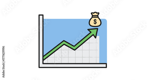 Chart showing the economic growth with an upward trending arrow and a bag full of money at the top.