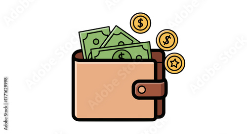 A wallet full of money and coins; financial savings and wealth accumulation depicted in cartoonish style.