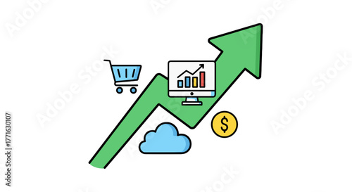 E-commerce success illustrated with a growing arrow, data analysis monitor, shopping cart, cloud, and gold dollar coin.
