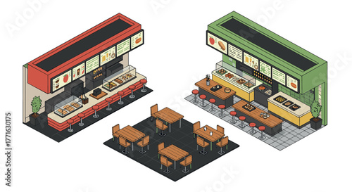 Isometric fast food restaurant interior with seating area and counter design