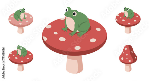 Frog on red toadstool in isometric style with mushroom variations