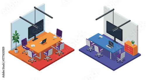 Isometric office meeting rooms with modern furniture design and technology
