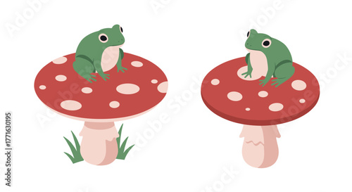 Cute frogs on red mushrooms with white spots in flat art style