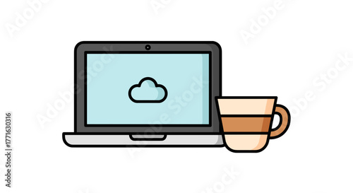 A laptop displaying a cloud icon sits next to a coffee cup, symbolizing connectivity and refreshment.