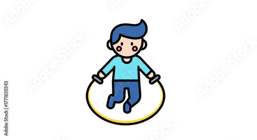 A happy cartoon child with blue hair energetically skips rope, demonstrating joyful physical activity and playful exercise.