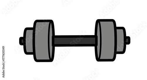 A cartoon-style illustration of a gray dumbbell with a black outline on a transparent background for fitness and strength training.
