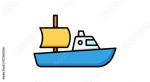 A whimsical blue boat with a yellow sail glides on calm waters, embodying adventure and serene maritime journeys.