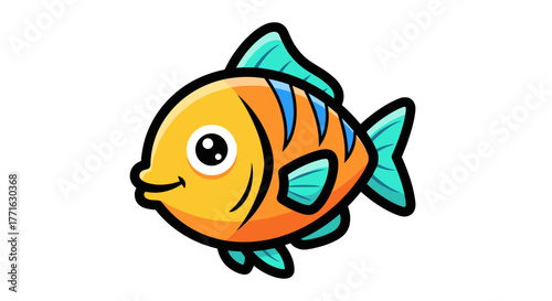 A cute, cartoon fish with yellow, orange and blue coloring swimming happily in a dark, undefined water space.
