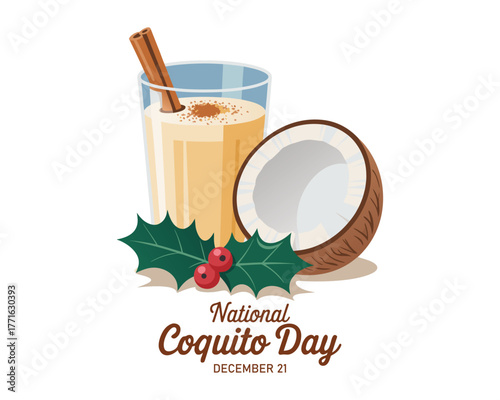 National Coquito Day vector. Puerto Rican eggnog with cinnamon and coconut milk icon vector. Traditional christmas holiday drink coquito drawing. December 21.