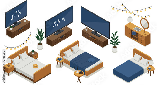 Isometric bedroom furniture set with electronics and plants