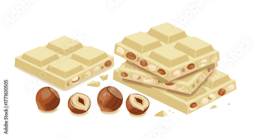 White chocolate and hazelnut treats: delicious slices and cracked nuts in realistic detail