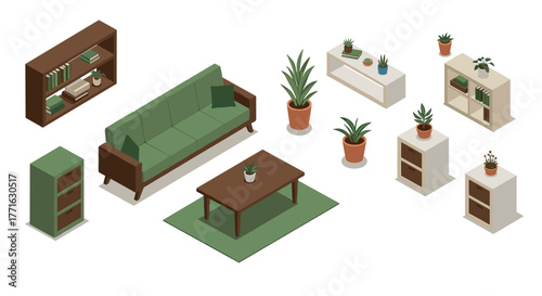 Modern isometric green living room furniture set with plants and shelves
