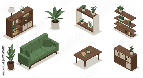 Isometric home decor and furniture set with plants and shelves