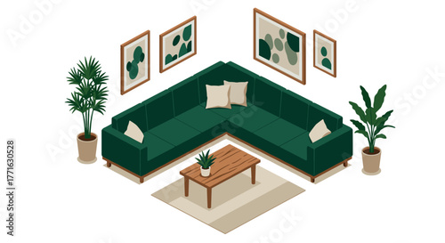 Modern interior with green sofa and plants in cozy living room setting