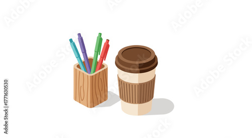 Colorful pens in a wooden holder beside a takeaway coffee cup in isometric style