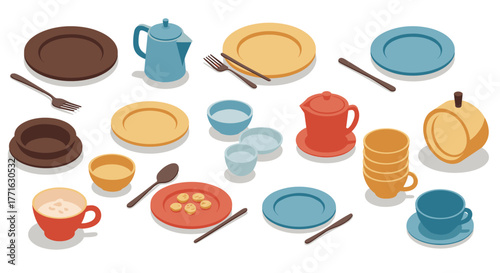 Colorful isometric kitchenware set with plates, cups, and cutlery on white background