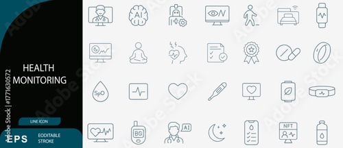 Health monitoring line icons set. Wellness tracking icon collection. Vector illustrator