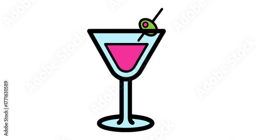 A vibrant martini illustration featuring a pink drink, a light blue glass, and a green olive garnish, perfect for celebrations.