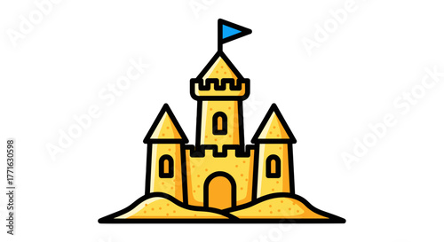 A captivating sandcastle with towering walls, a flag, and intricate details, showcasing creativity and coastal artistry.