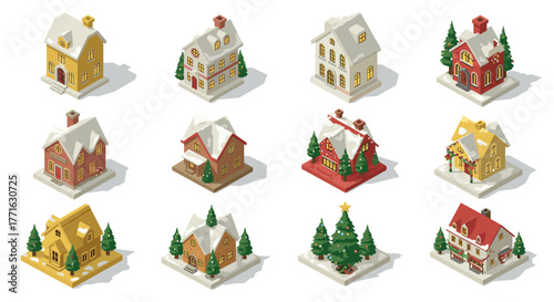 Charming isometric winter village with festive snow-covered houses and christmas decor