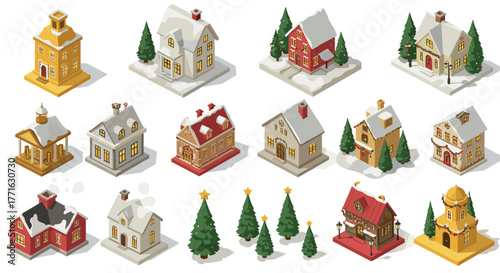 Charming snow-covered village houses and festive trees in isometric winter wonderland scene