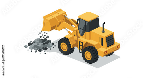 Isometric yellow bulldozer moving rocks on construction site