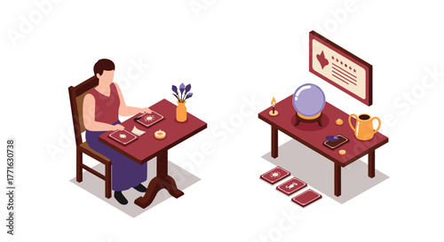 Isometric tarot reading scene with crystal ball and cards on table