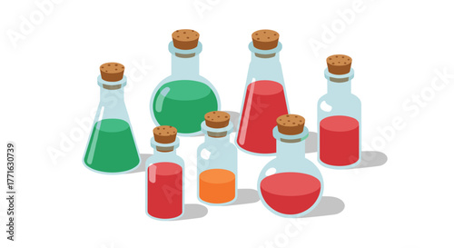 Colorful potion bottles with corks in isometric design