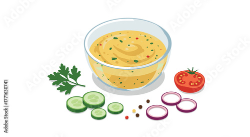 Fresh hummus in glass bowl with vegetables and herbs on white background