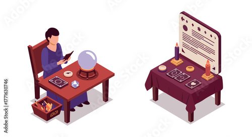 Isometric fortune teller scene with crystal ball and tarot cards