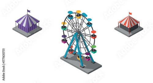 Isometric funfair scene with ferris wheel and circus tents