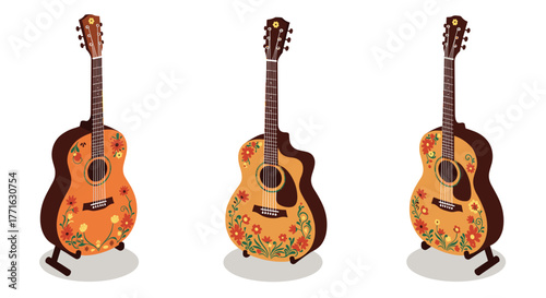Colorful floral acoustic guitars on stands: artistic 3d designs