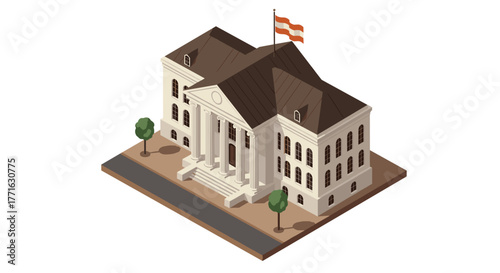 Grand colonial building with flag and trees in isometric style