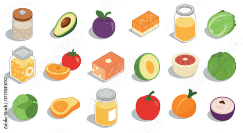 Colorful isometric food icons: fruits, vegetables, and jars for modern design