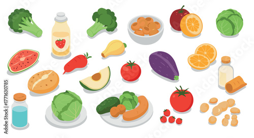 Colorful isometric collection of fresh fruits and vegetables with herbs and spices