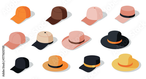 Isometric hat collection: stylish caps and hats in modern flat design
