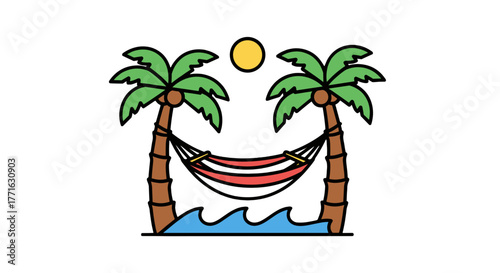 Tropical getaway with palm trees swaying gently, a hammock strung between, and peaceful ocean waves lapping the shore.