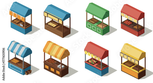 Isometric market stalls featuring vibrant designs and colorful awnings