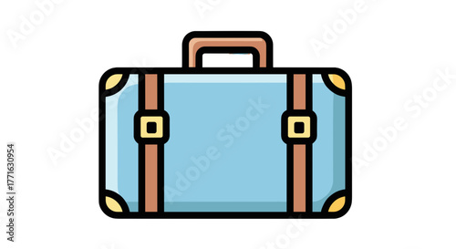 A vintage-inspired suitcase, travel ready, with sturdy straps and classic rounded corners in a light blue color.