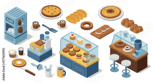 Isometric cafe and bakery items with desserts, coffee, and equipment